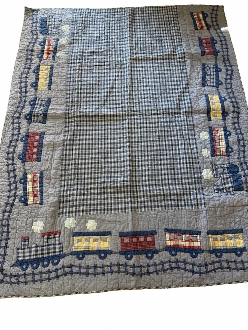 The Company Store CHOO-CHOO TRAINS Blue Red Plaid Chambray Kid Twin Quilt 83x63”